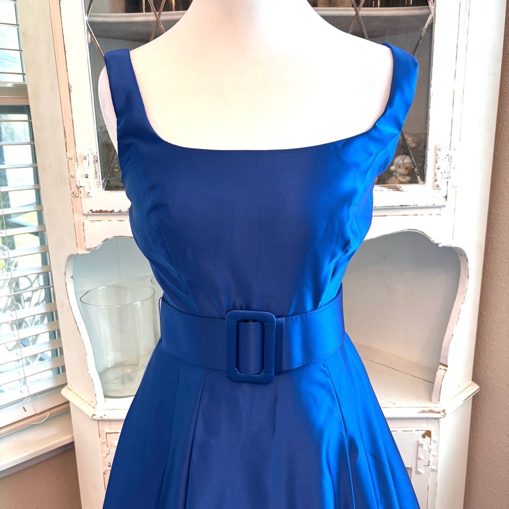 NEW, Royal Blue Dress, Blue Satin Dress, Prom, Dress with Belt NWOT, Size XS/0-2 - Picture 3 of 14